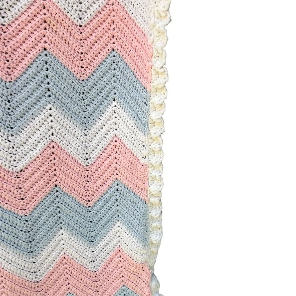 Hand Crochet Chevron Pink Blue White Baby Blanket with‎ Scalloped Edge 52